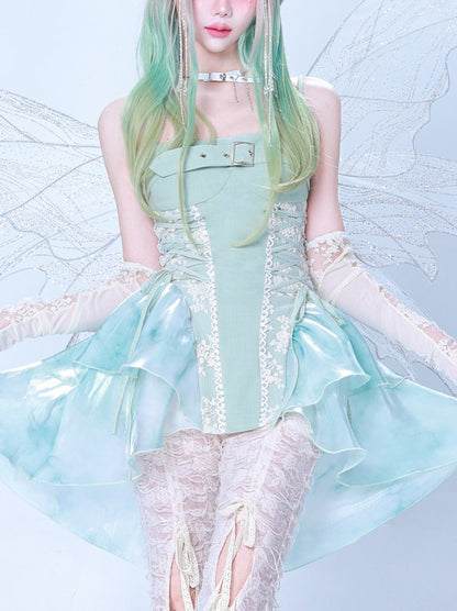 Fairy Fragrance Turquoise Green Tiered Suspender Dress