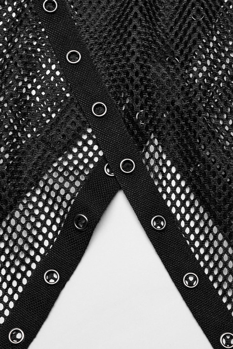 Black Sleeveless Irregular Hooded Mesh Eyelet Punk Vest