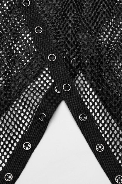 Black Sleeveless Irregular Hooded Mesh Eyelet Punk Vest
