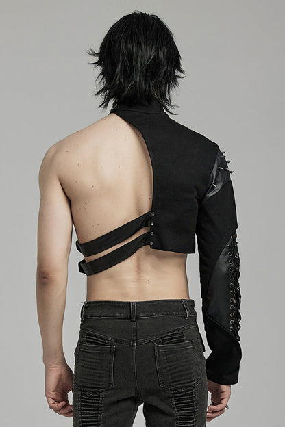 Black Stand Collar Asymmetric Rivet Buckle Punk Faux Leather Harness