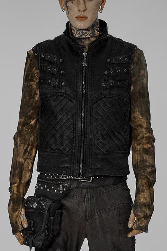 Black Punk Apocalyptic Stand Collar Twill Metal Skull Zip Vest