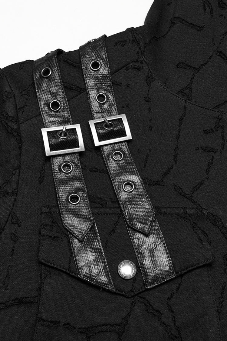 Black Short Sleeves Big-pocket Tie-dyed Hooded Punk T-shirt