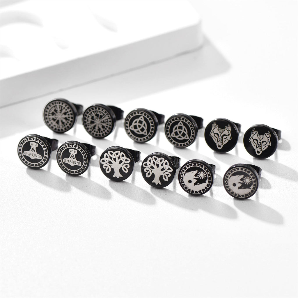 Viking Black Stud Earrings Set for 6 Pairs