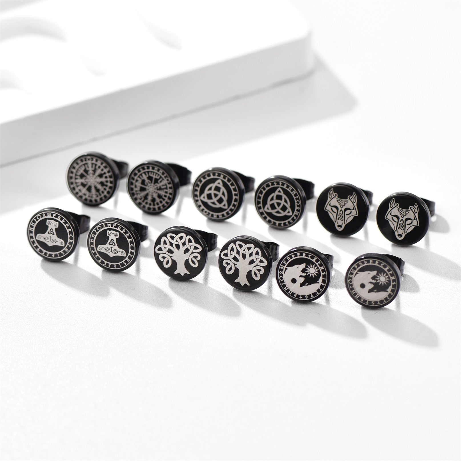 Viking Black Stud Earrings Set for 6 Pairs