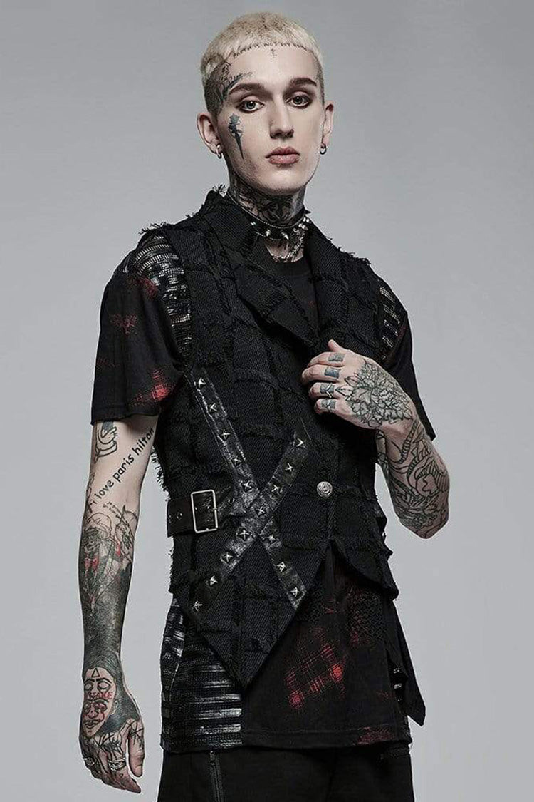 Black Gothic Asymmetrical Decadence Hairy Flu Back Cutout Design Leather Strip Metal Rivets Vest