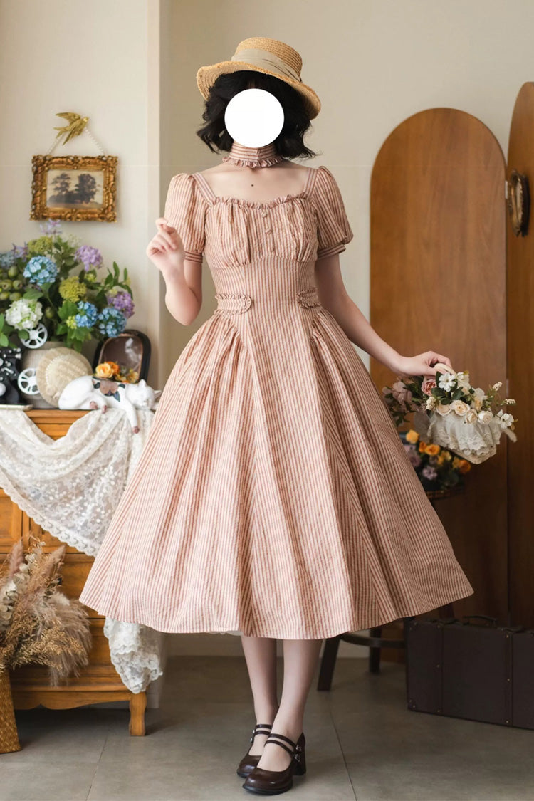 Red [chantilly Forest] Square Collar Short Sleeves Striped Printed Ruffled Classic Lolita Dress