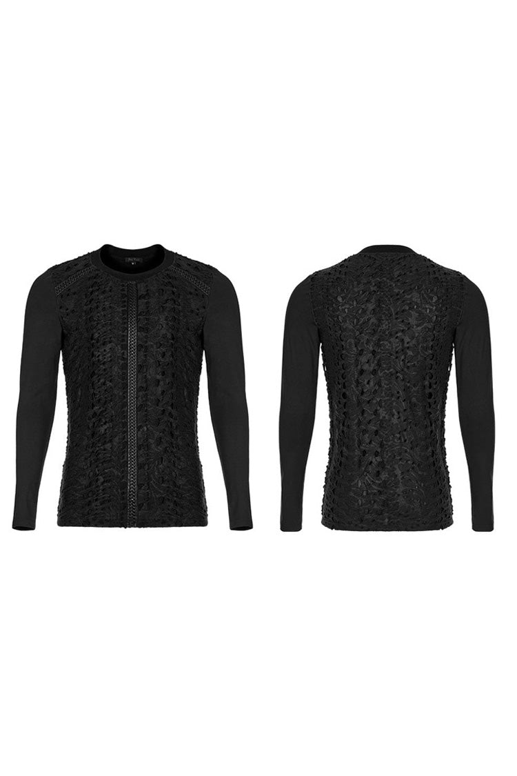 Black Punk Knitted Print Splicing Concave and Convex Webbing Decoration Long Sleeve T-shirt