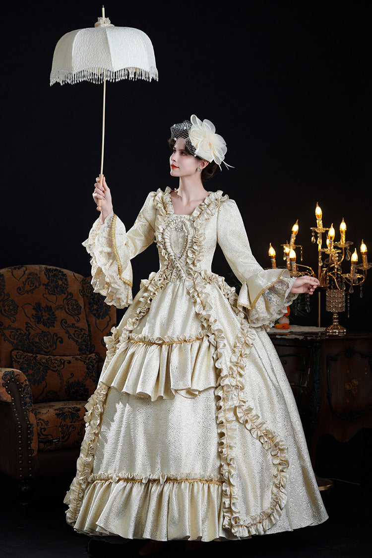 Champagne Square Collar Long Trumpet Sleeves Double-layered Ruffled Open-front Classic Palace Lolita Victorian Dress