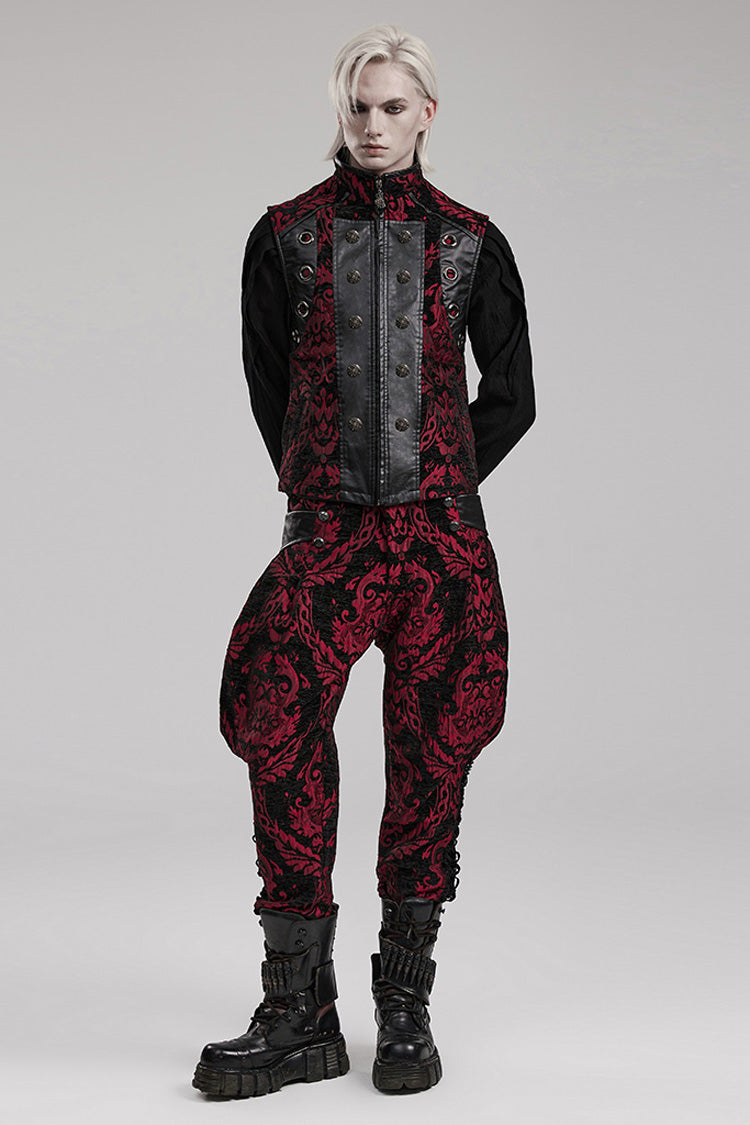 Black/red Stand Collar Jacquard Print Stitching Metal Ring Decoration Gothic Vest
