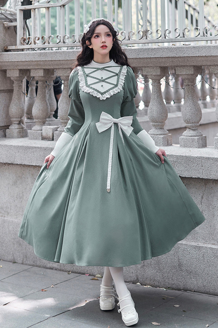 Green Nun Style Stand Collar Long Sleeves Ruffle Bowknot Classic Lolita Dress