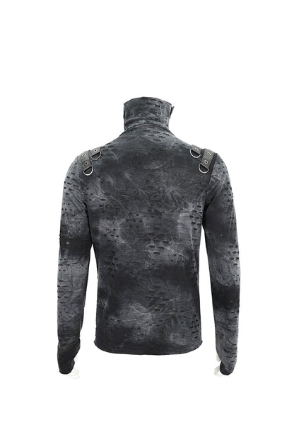 Grey/black Lrregular Ripped Stand Collar Punk Shirt