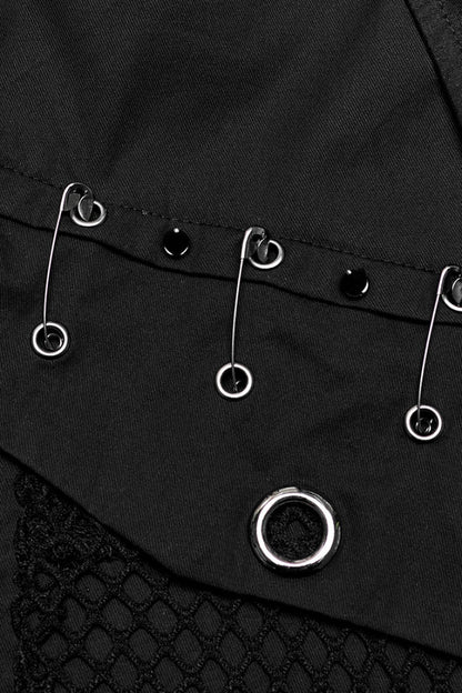 Black Lapel Collar Short Sleeves Mesh Stitching Punk Blouse