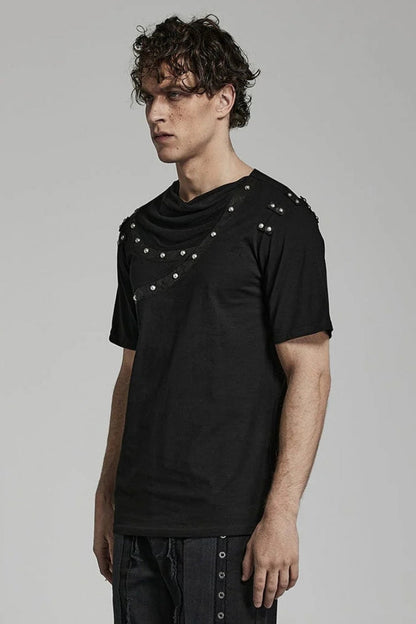 Black Short Sleeves Asymmetric Daily Steampunk T-shirt