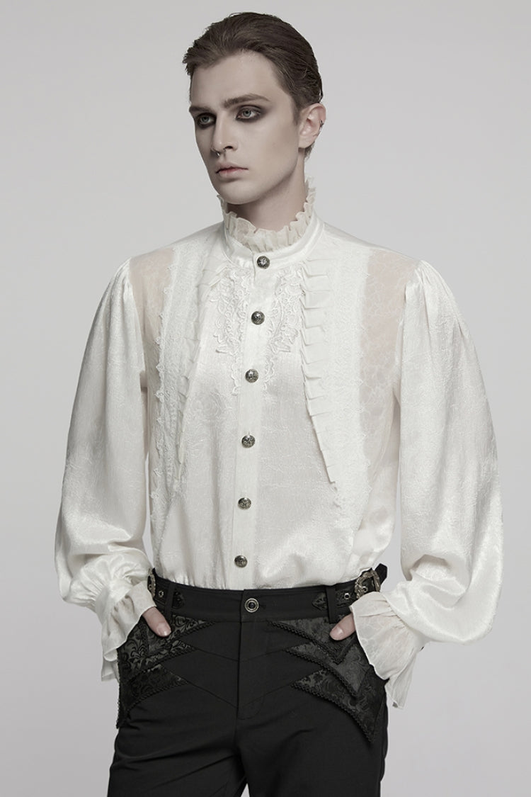 White Stand Collar Long Puff Sleeves Jacquard Ruffle Embroidery Gothic Blouse