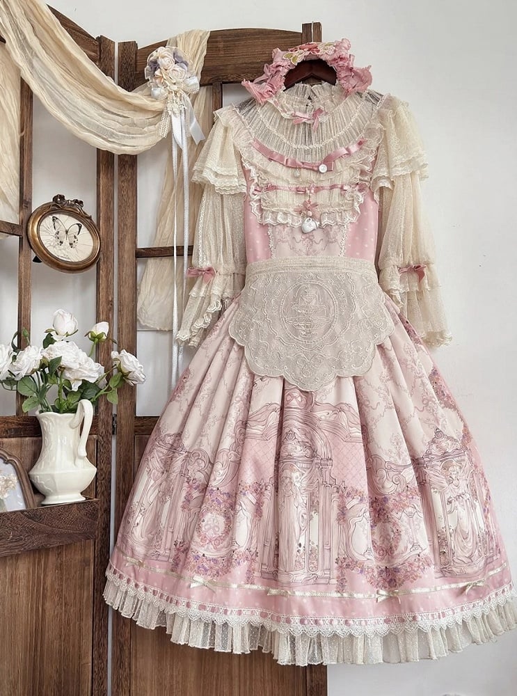 [pre-order Deadline: April 26] Rococo Lace Pink Classic Lolita Dress + Apron + Bonnet