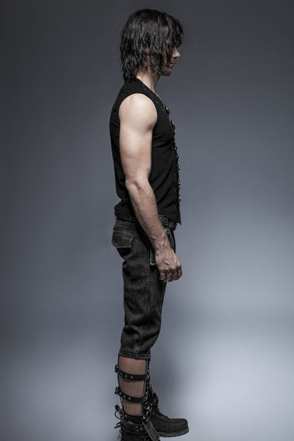 Black V-neck Chest Leather Hasp Metal Rings Cross Lace-up Punk Vest