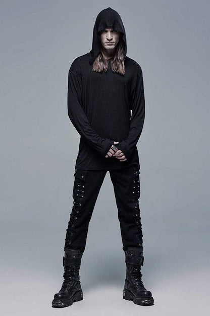 Black Knit Outer Mesh Long Sleeve Inner Hooded Simple Two Piece Punk T-shirt