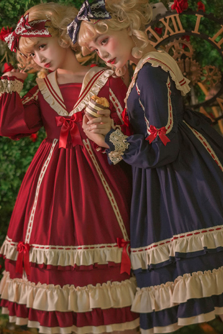 Court Style Long Sleeves High Waisted Bowknot Ruffled Multi-layer Classic Lolita Op Dress