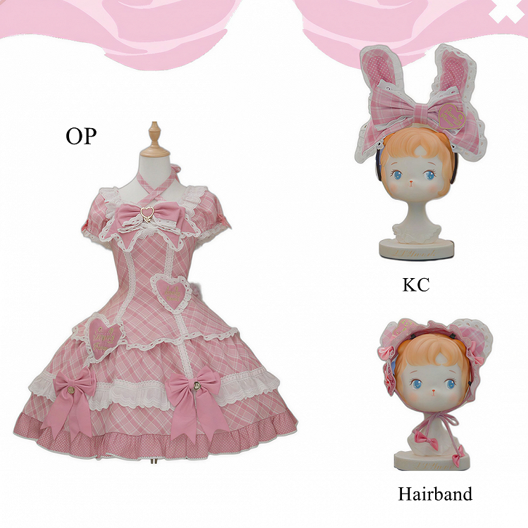 [pre-order Deadline: May 10] Blue/yellow/pink Sweetheart Lolita Ribbon Puff Sleeve Tiered Dress + Bunny Ear Full Set + Cat Ear Full Set