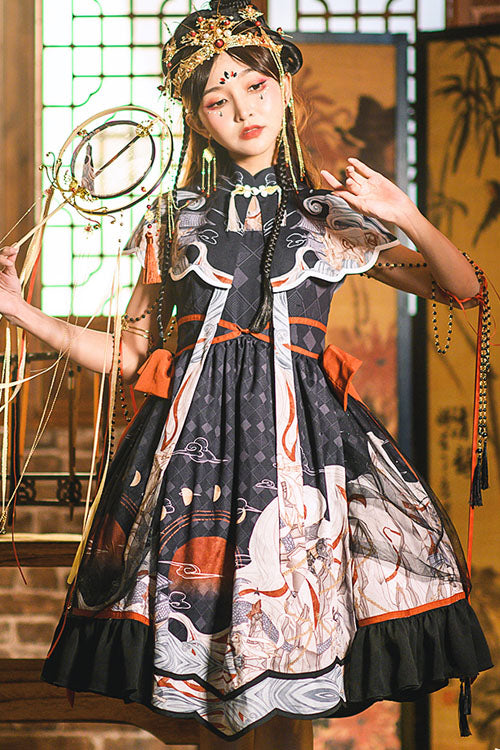 Black Chinese Style Chang'e Flying to the Moon Print Ruffled Classic Lolita Op Dress