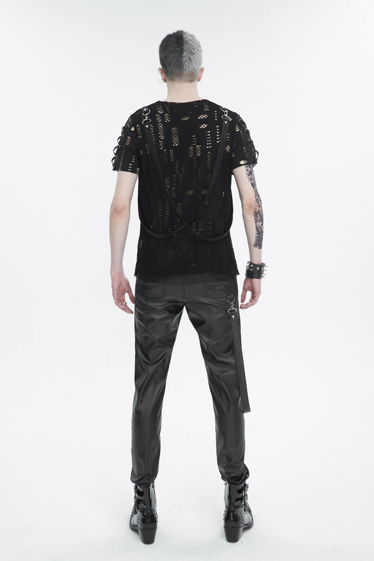 Black Half Hollow Shoulder Tie Design Punk T-shirt