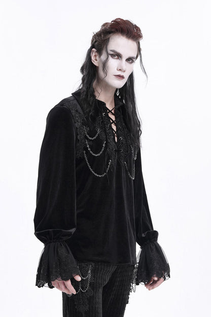 Black V Collar Long Sleeves Lace-up Chain Gothic Blouse