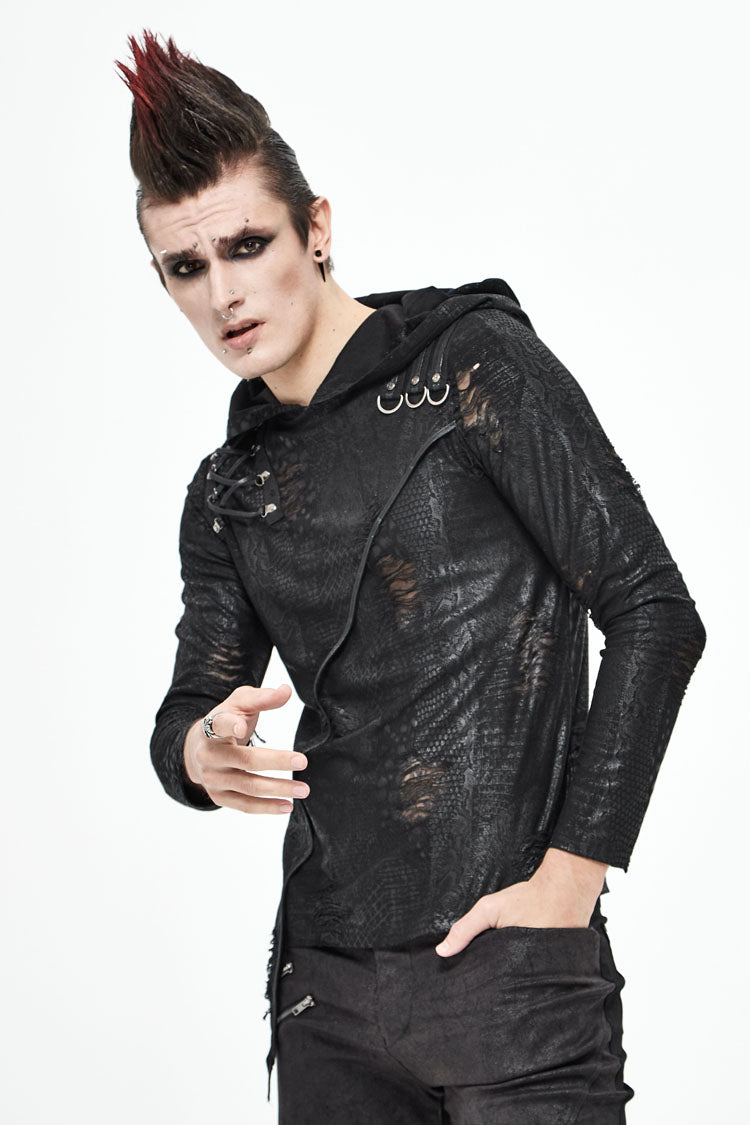 Black Broken Holes Knit Shoulder Lace-up Irregular Hem Hooded Punk T-shirt