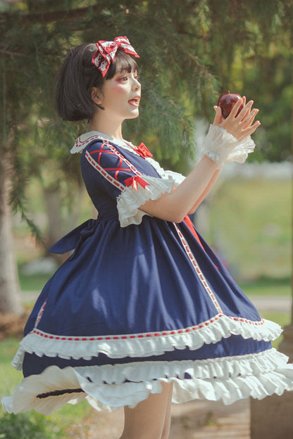 Dark Blue Short Sleeves Hime Sleeves Bowknot Multi-layer Classic Lolita Jsk Dress