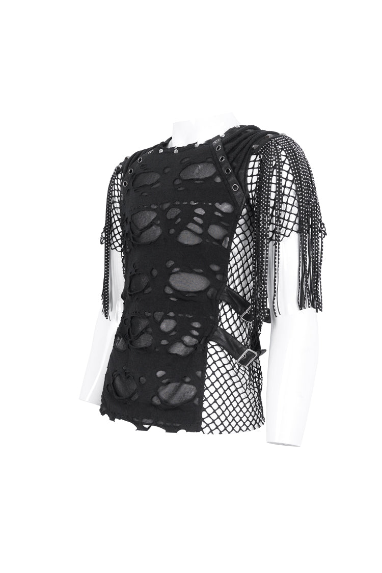 Black Round Collar Mesh Stitching Punk T-shirt