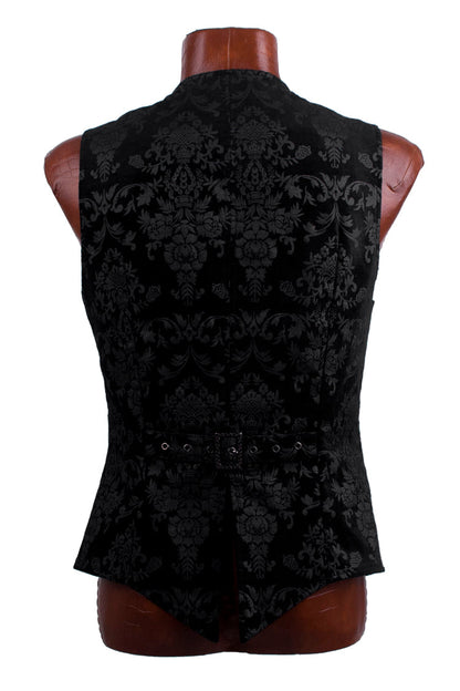 Black Retro Jacquard Front Woven Strap Metal Button Gothic Vest