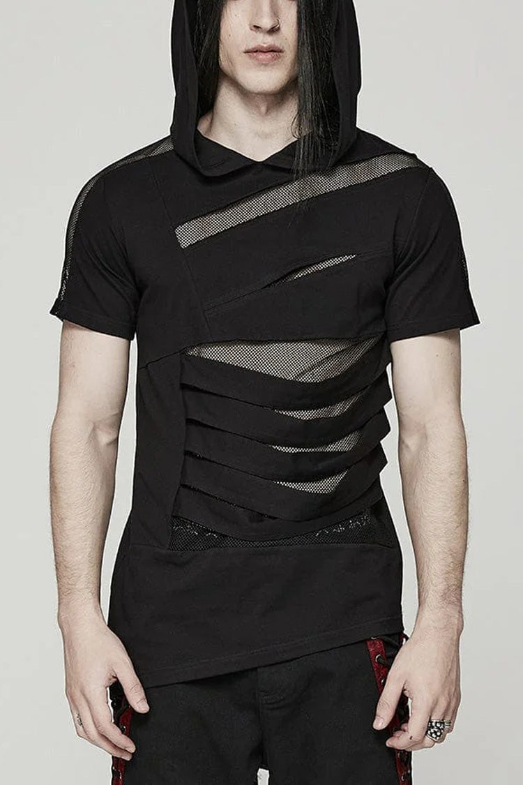 Black Short Sleeves Stitching Hooded Mesh Ripped Steampunk T-shirt