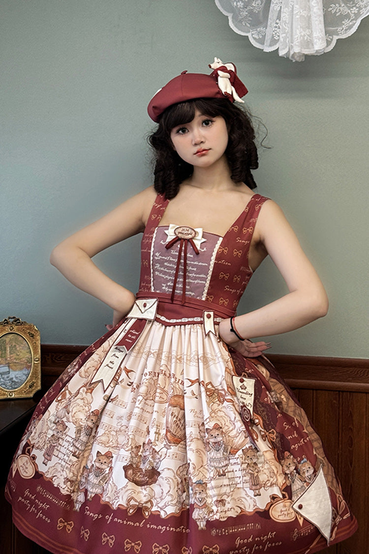 Wine Red [fox Band] Print Square Collar Bowknot Classic Lolita Jumper Dress