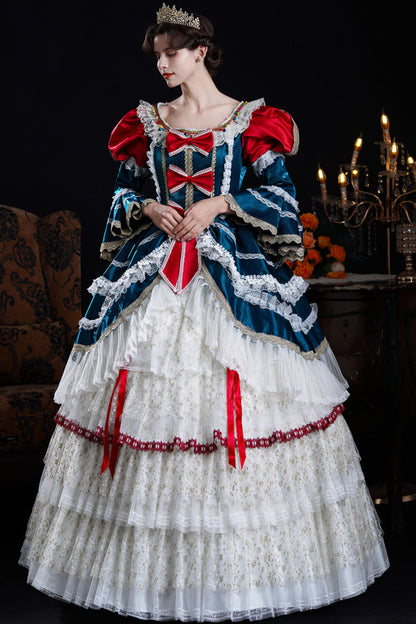 Blue/ivory Round Collar Long Hime Sleeves Triple-layered Ruffled Open-front Bow Lace Classic Palace Lolita Victorian Dress
