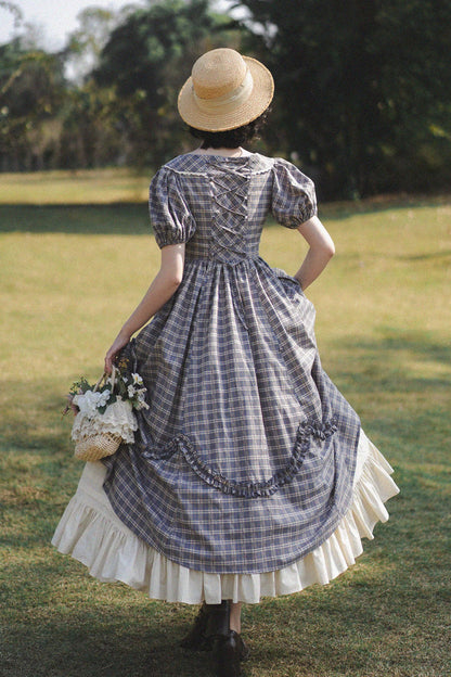 Grey/blue [forest Picnic] Boat Neck Short Sleeves Printed Lift-hem Ruffled Classic Lolita Dress