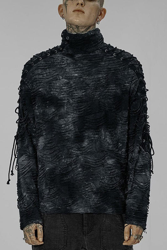 Black/blue Punk Post Apocalyptic Turtleneck Tattered Tie Dye Print Lace Up Long Sleeve T-shirt