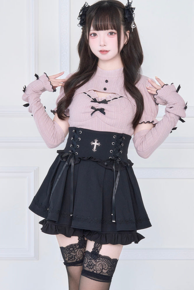 [pre-order] Knit Top With Ribbon Sleeves + Gothic Cross Lace Up Skirt
