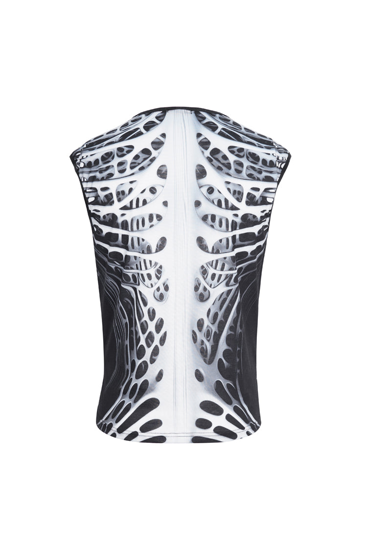 Black/white Round Collar Print Hollow Punk Vest