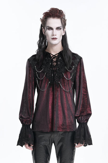 Wine Red V Collar Long Sleeves Lace-up Chain Gothic Blouse