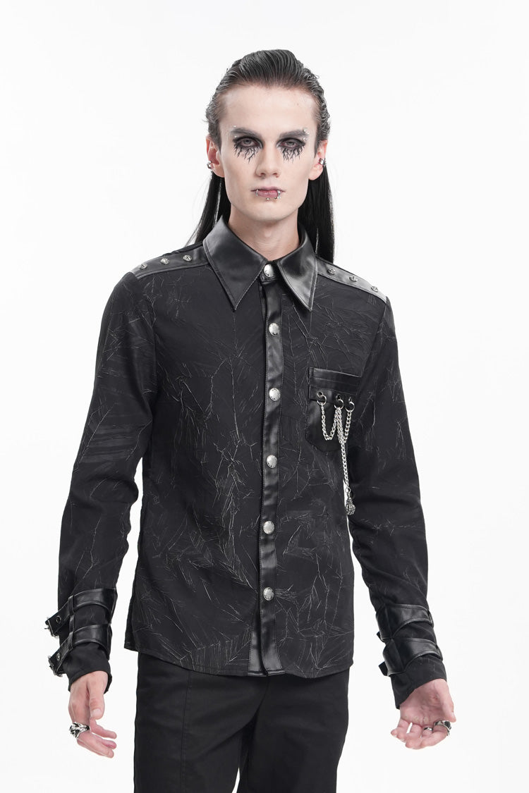 Black Lapel Collar Long Sleeves Buckle Chain Gothic Blouse