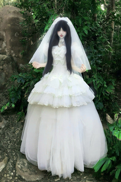 White [pure White Prayer · Snow Love] Square Collar Ruffled Bow Lace Classic Gothic Lolita Dress Set
