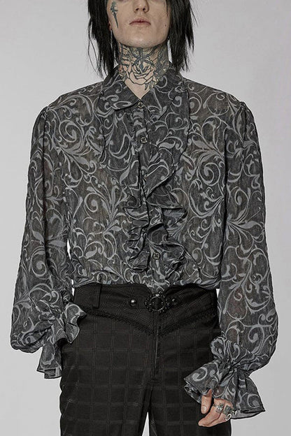 Gray Punk Chiffon Ruffle Stand Collar Wide Brimmed Lantern Sleeves Retro Relief Sculpture Embossing Shirt