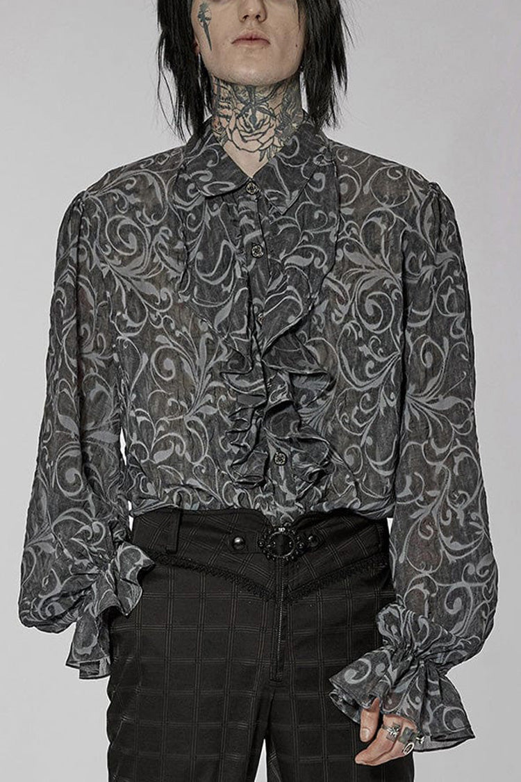 Gray Punk Chiffon Ruffle Stand Collar Wide Brimmed Lantern Sleeves Retro Relief Sculpture Embossing Shirt