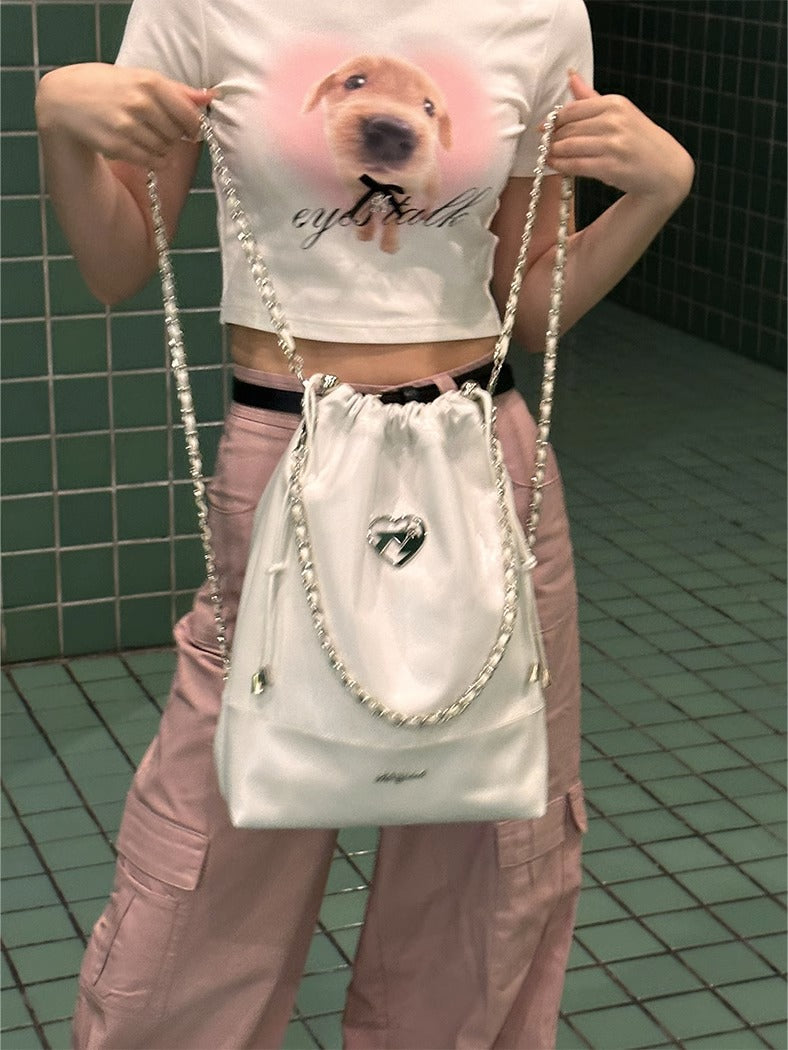 Cool Metal Heart Soft Leather Drawstring Bag