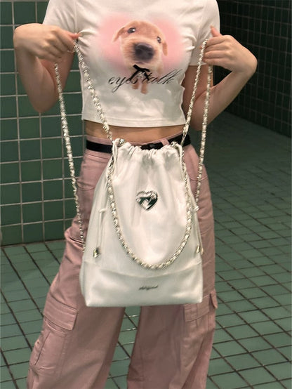 Cool Metal Heart Soft Leather Drawstring Bag