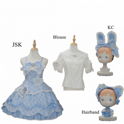 [pre-order Deadline: May 10] Blue/yellow/pink Sweetheart Lolita + Lace Ribbon Jks Dress + Bunny Ear Puff Sleeve Blouse + Bunny Ear Full Set + Cat Ear Full Set