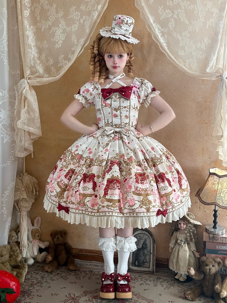 [pre-order Deadline: April 26] Retro Romance Sweet Lolita Ribbon Cake Print Halter Neck Dress