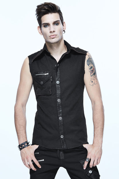 Black Sleeveless Twill One-shoulder Armor Heat Seal Punk Shirt