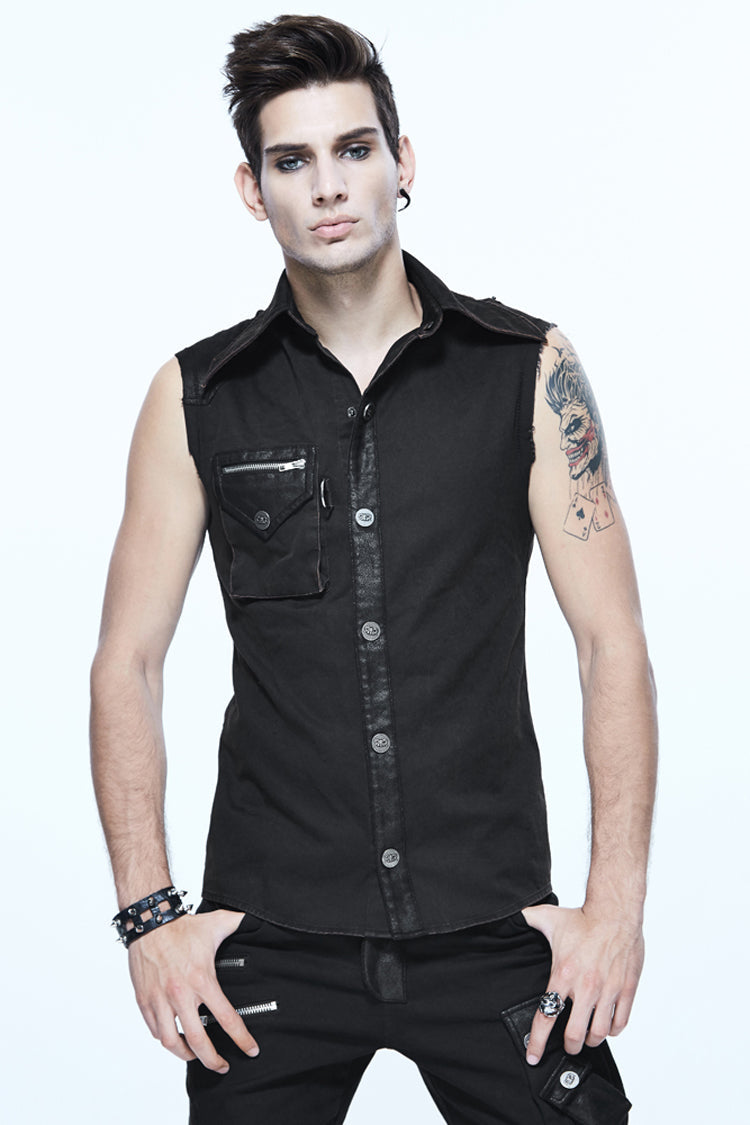 Black Sleeveless Twill One-shoulder Armor Heat Seal Punk Shirt