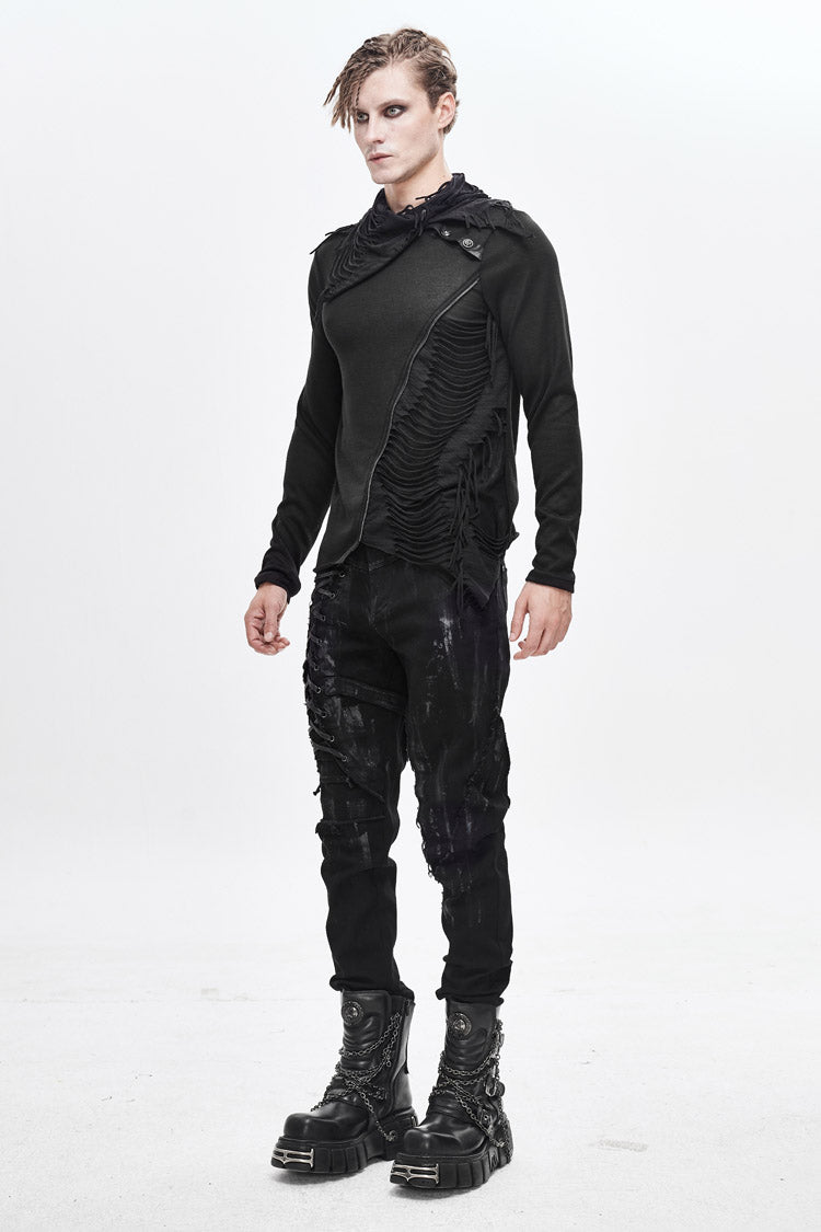 Black Ragged Turn-down Collar Woolen Long Sleeve Irregular Hem Punk T-shirt