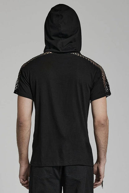 Black Short Sleeves Hollow Stitching Hooded Mesh Steampunk T-shirt